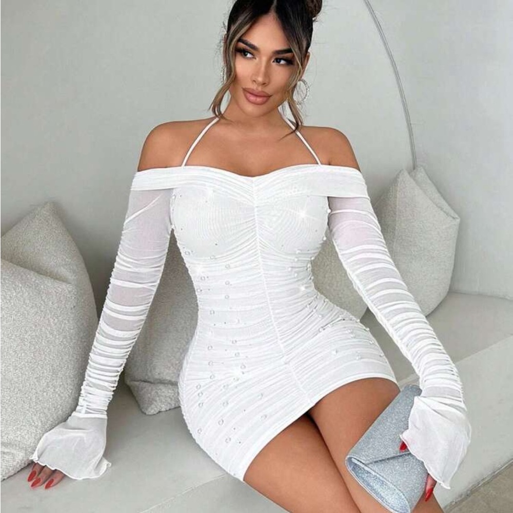 White Ruched Off-Shoulder Mini Dress – SHEIN Size L